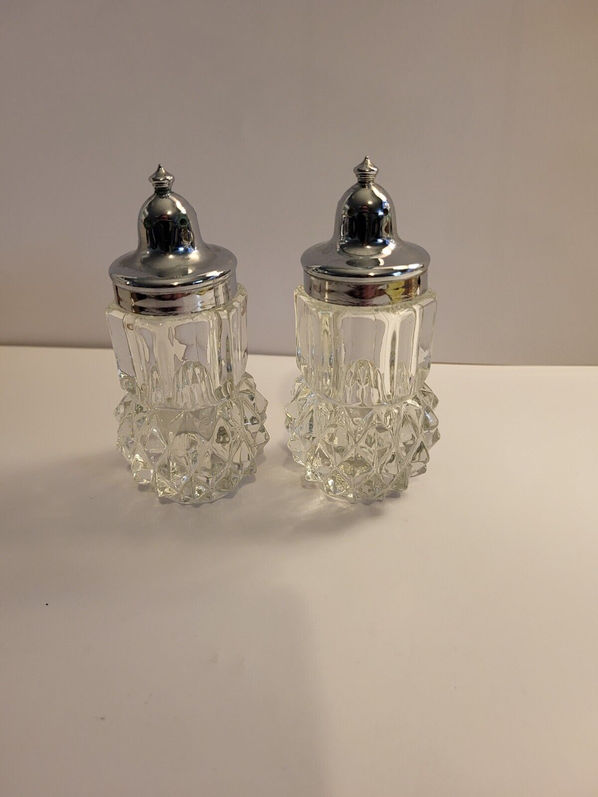 Indian Glass Clear  Dimond Point Salt and Pepper Shakers With Silver Color Lids