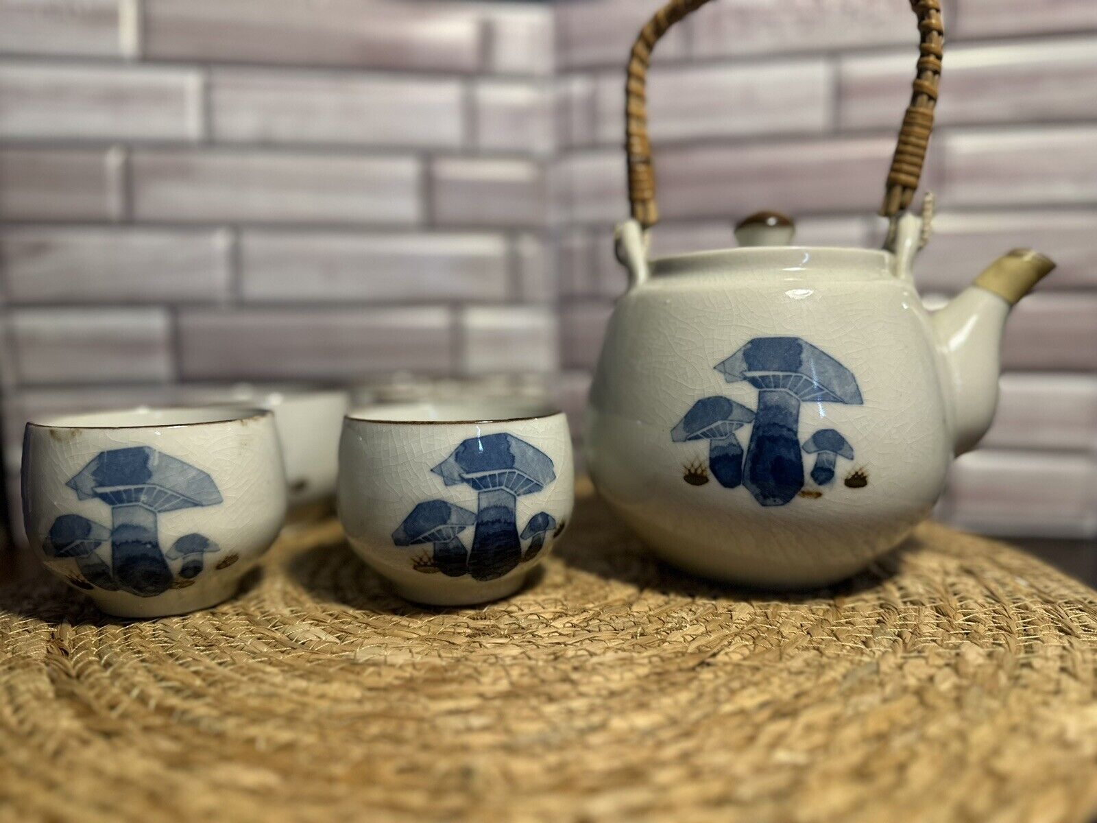 Vintage Japan Blue Mushroom Decor Teapot Sake 5 Cups Rare Kettle Blue Abstract