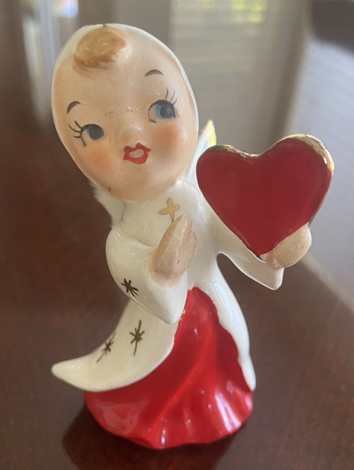 Vintage Valentine Angel In Red Dress Heart Figurine Japan