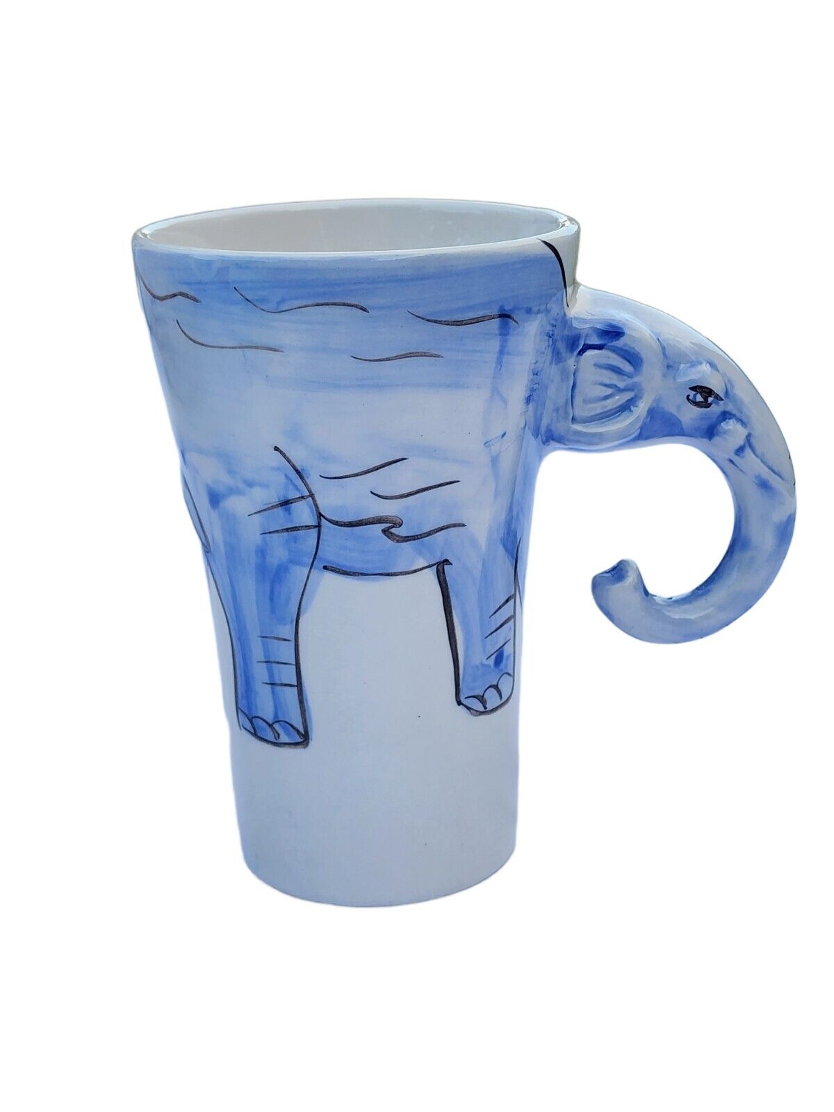 Hand Painted  Elephant  Coffee Tea Mug Cup 16 oz Sherwood Brand Blue White 