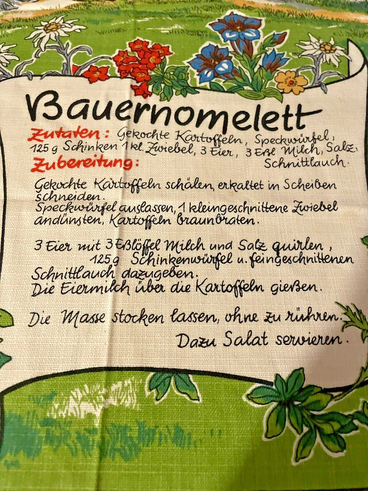 Vintage Bauernomelett German Germany Dish Towel Green Linen- Never Used