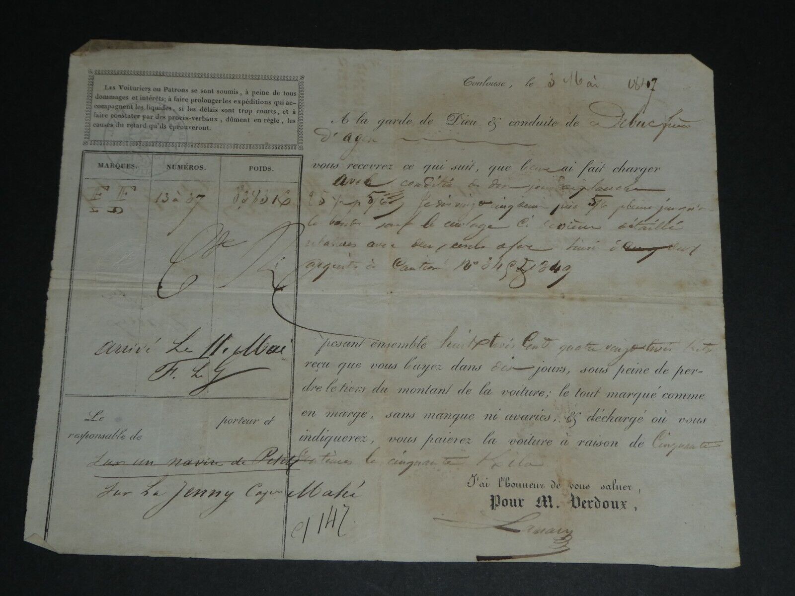 Maritime bill of lading, 1847, Toulouse in Bordeaux