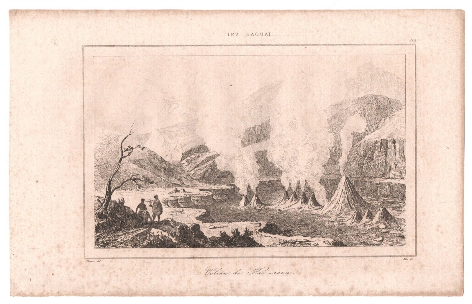 1836 Rienzi HAWAII engraving ~ Volcan de Kaï-roua ~ Halema\'uma\'u KILAUEA Volcano
