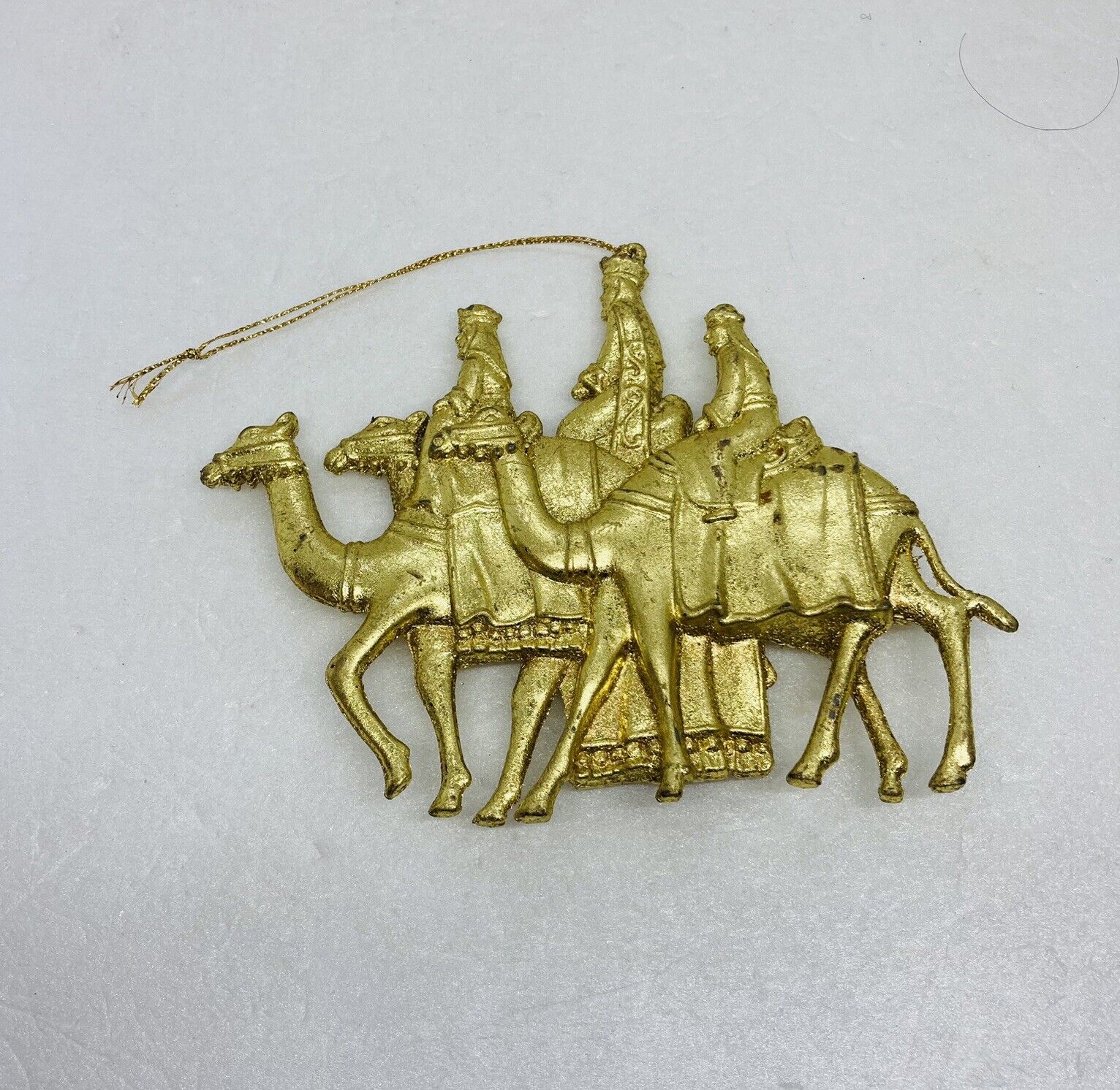 Vintage Three Kings On Camels Wise Men Christmas Ornament Gold Painted 6” Art 11