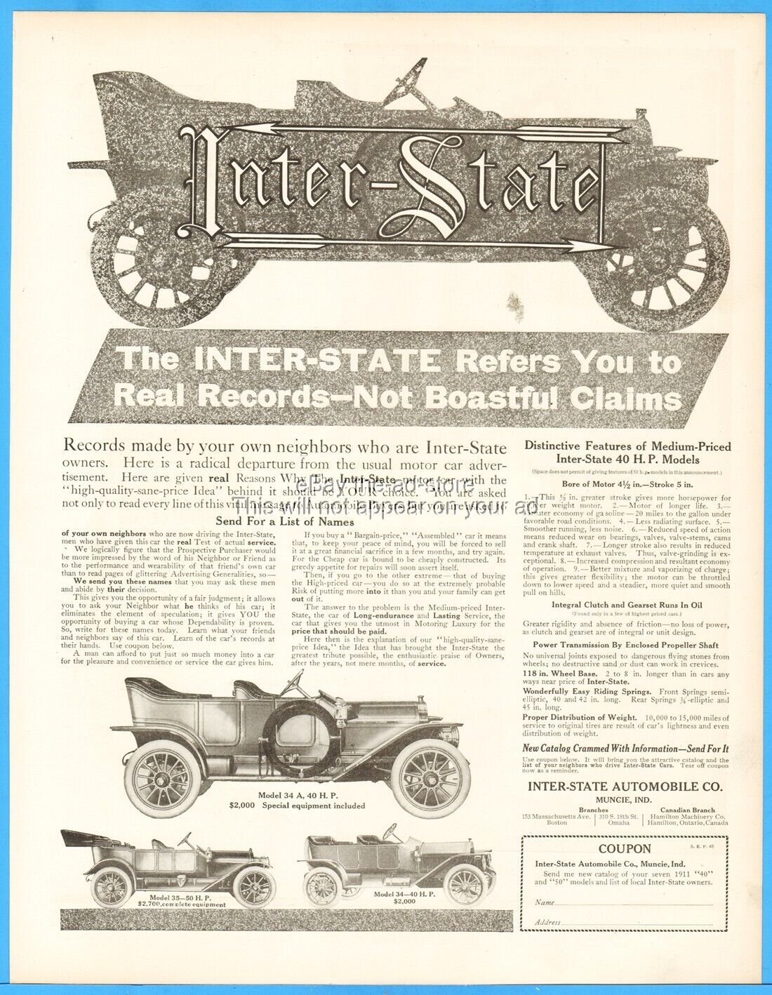 1911 Inter-State Automobile Co Muncie IN Model 34A 35 34 Open Touring Car Ad