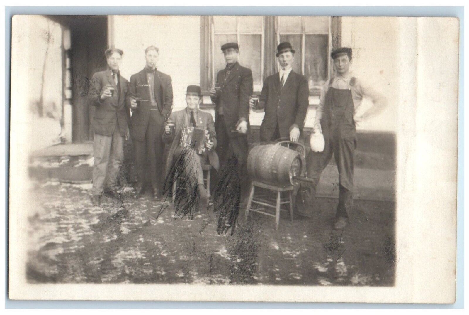 c1910's Beer Drinking Barrel Keg Accordian RPPC Photo Unposted Antique Postcard