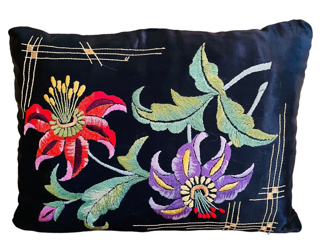 ORNATELY HAND-EMBROIDERED LARGE BLACK PILLOW, MEASURES 22” X 18” X6”