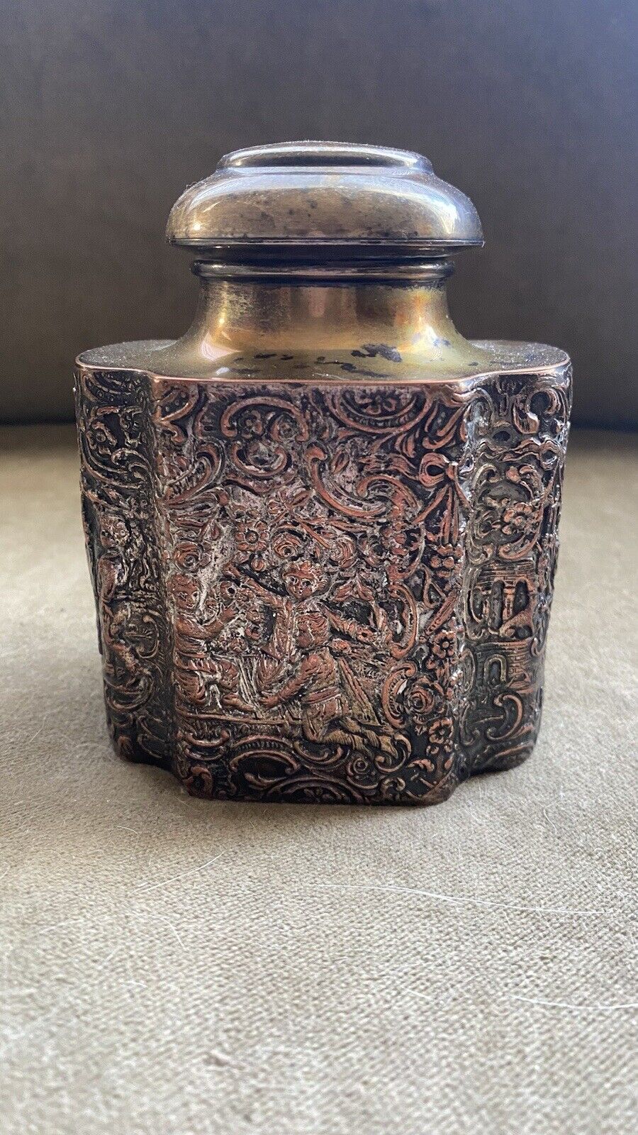 Antique Tri Metal Copper Silver Stamp and Brass Vanity Boys Jar Container RARE
