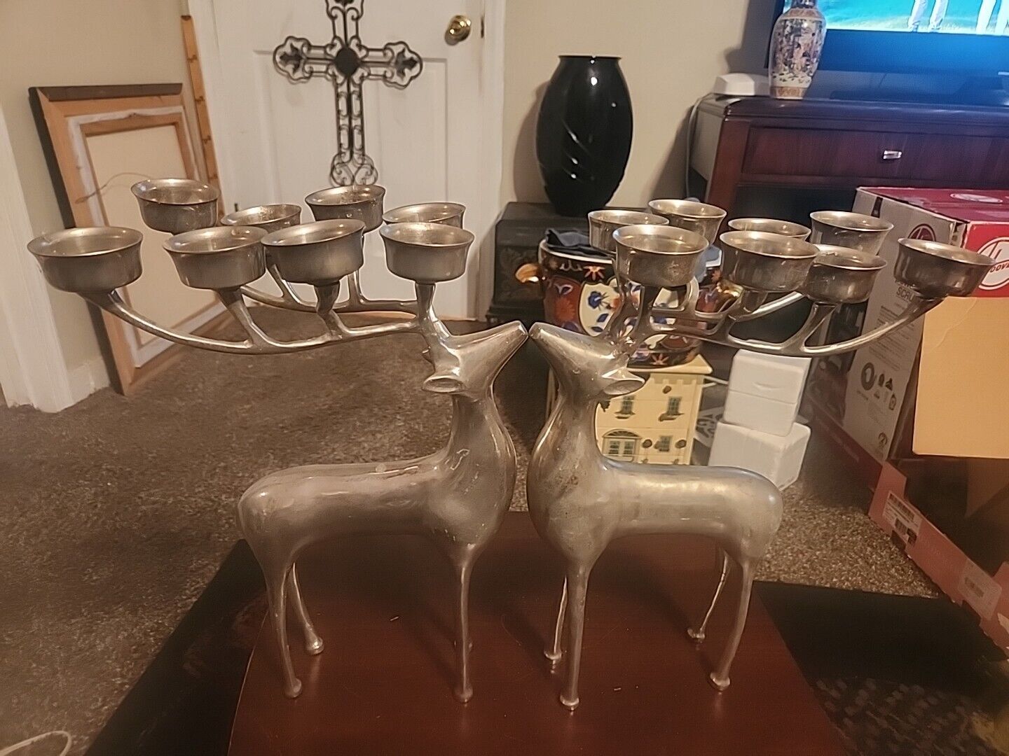PAIR OF POTTERY BARN REINDEER CANDELABRAS SILVERPLATED 8 POINT