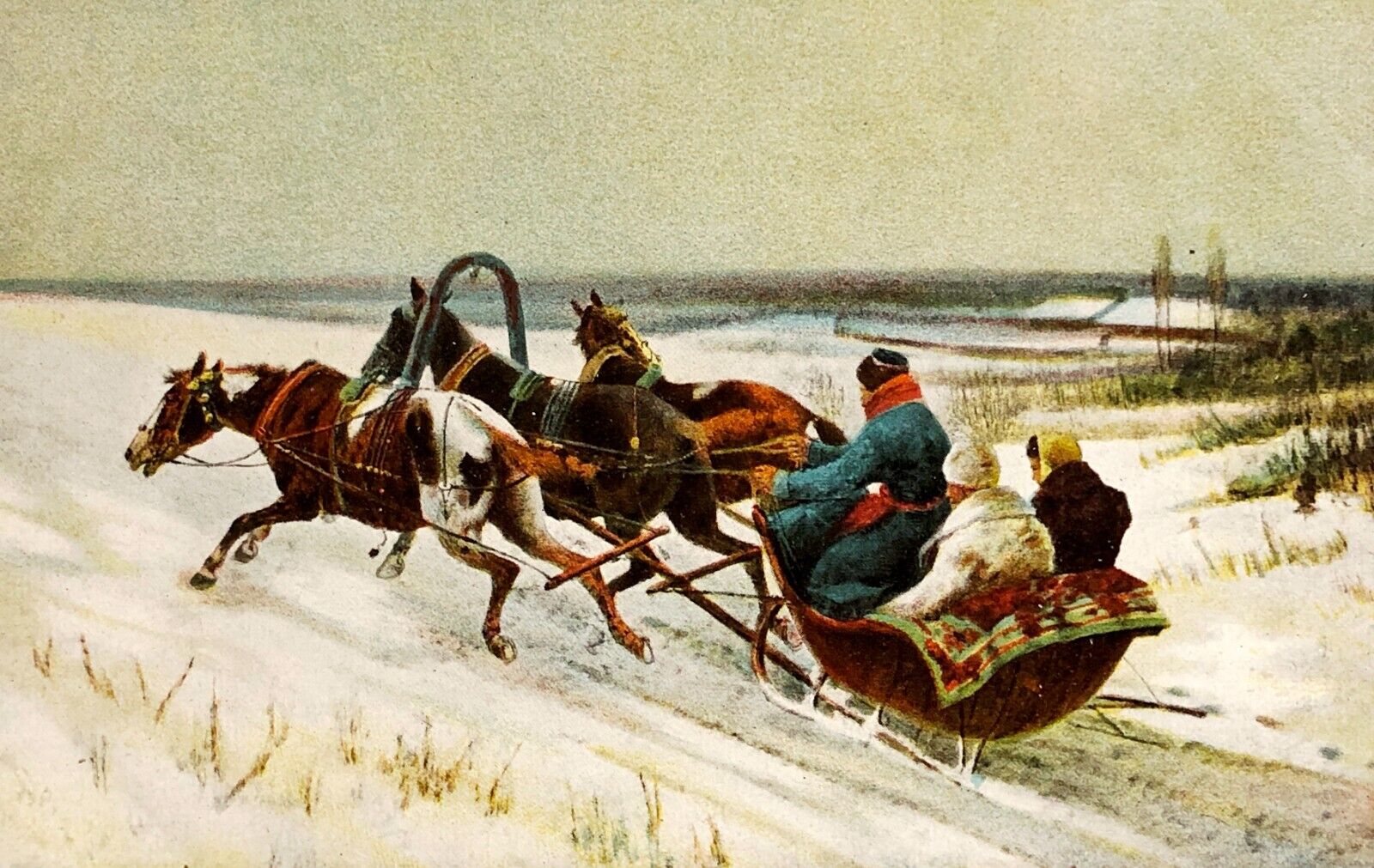 1900s People Village Winter Sleigh Three horses Russian Art ANTIQUE POSTCARD