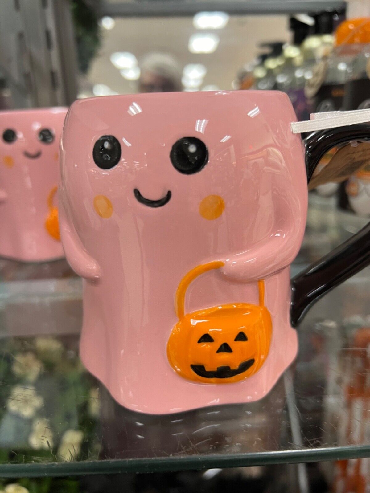 New Ceramic pink ghost mug cup black handle holding a Jack o lantern home decor
