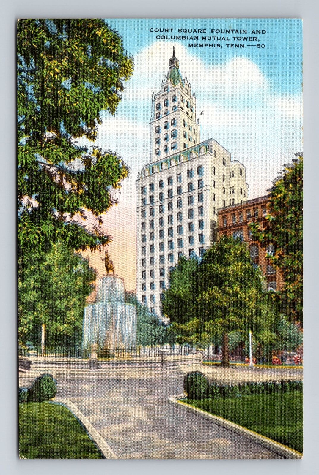 Memphis TN-Tennessee, Columbian Mutual Tower Ct Square Fountain Vintage Postcard