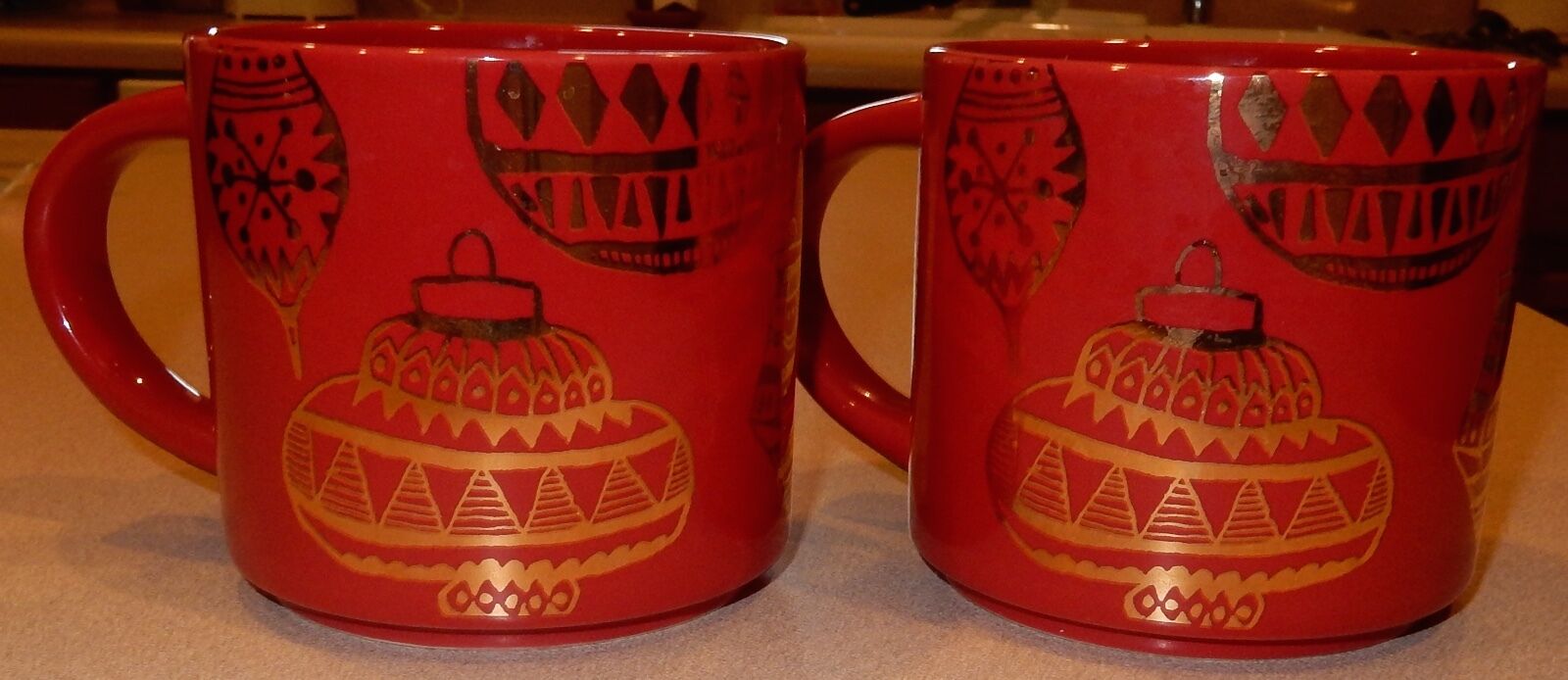 2 2015 Red With Gold Ornaments Christmas Holiday Starbucks Mugs 