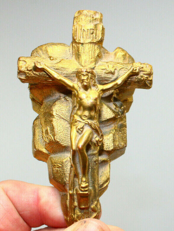 INRI Jesus Christ on Cross on Rock Brass Color Metal Paperweight 4\