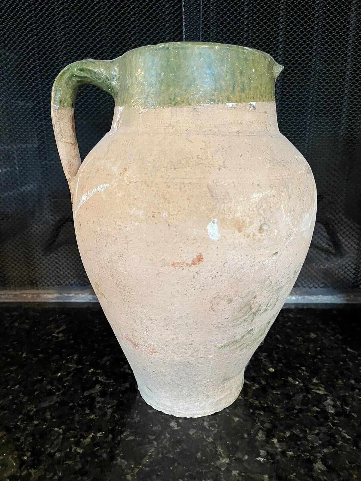 FRENCH ANTIQUE POTTERY AUTHENTIC JUG - JAR GLAZED WITH GREEN