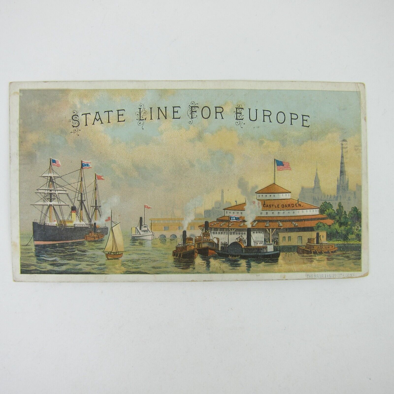 Victorian Trade Card State Line Steamship New York To Europe Castle Garden Boats