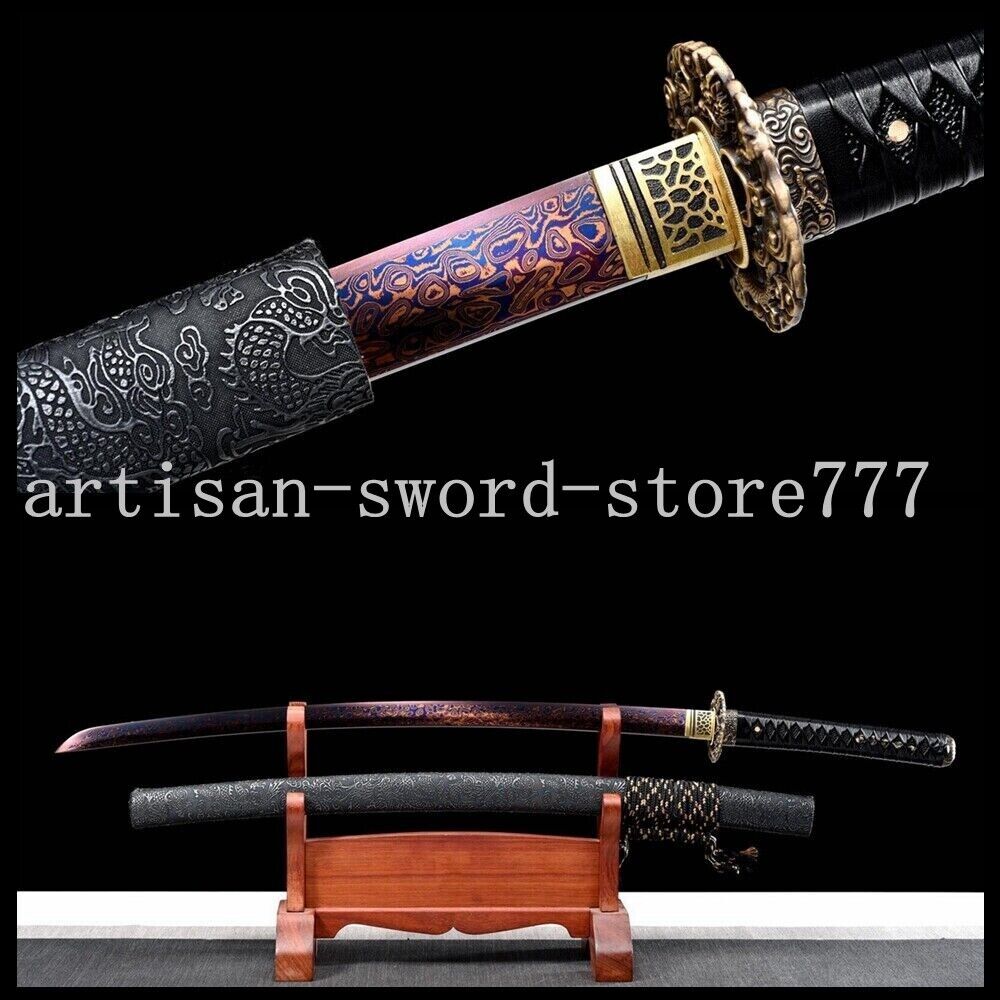 40\'\' Dragon Katana Red & Blue Damascus Folded Steel Japanese Samurai Sharp Sword