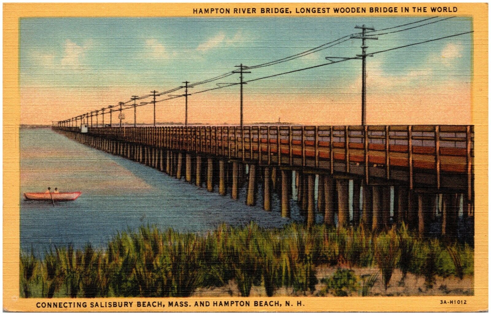 C.1933 Hampton Beach, NH To Salisbury Beach, MA Wooden Bridge. Boat. Postcard