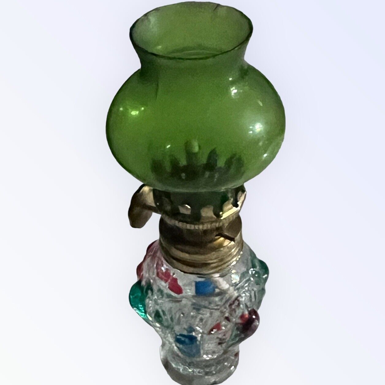 VINTAGE MINIATURE GREEN MULTI-COLOR OIL HURRICANE LAMP TINY And CUTE