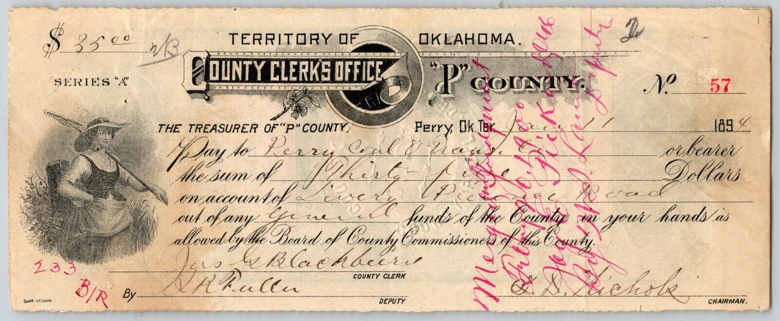 Perry Okla. Territory 1894 Noble County Clerk\'s Warrant \