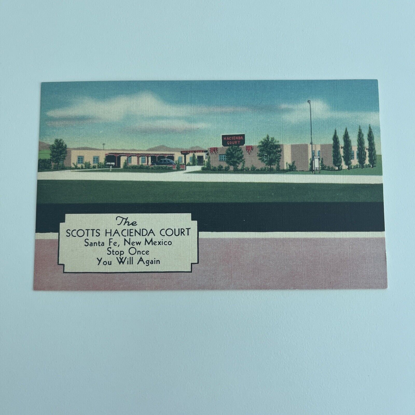 LINEN ROADSIDE Postcard--NEW MEXICO--Santa Fe--The Scotts Hacienda Court Motel