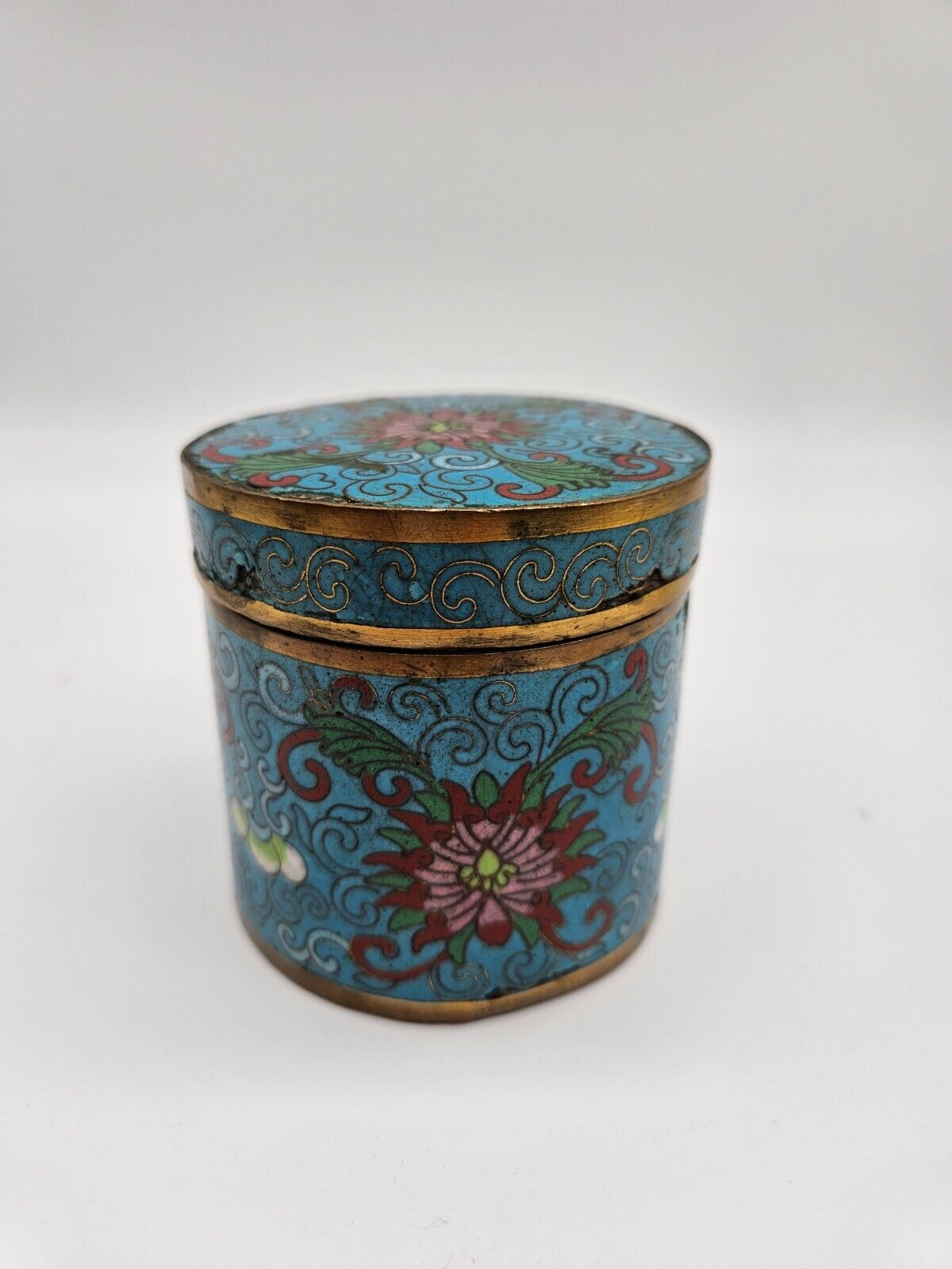 Vintage Chinese Round Cloisonné Small Cannister w/Flowers, Shows Wear