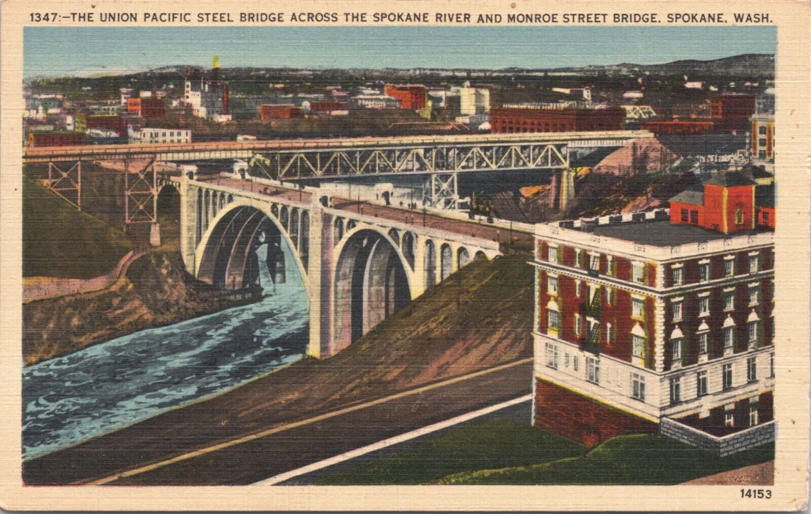 Spokane WA The Union Pacific Steel Bridge over Spokane River & Monroe Bridge1945