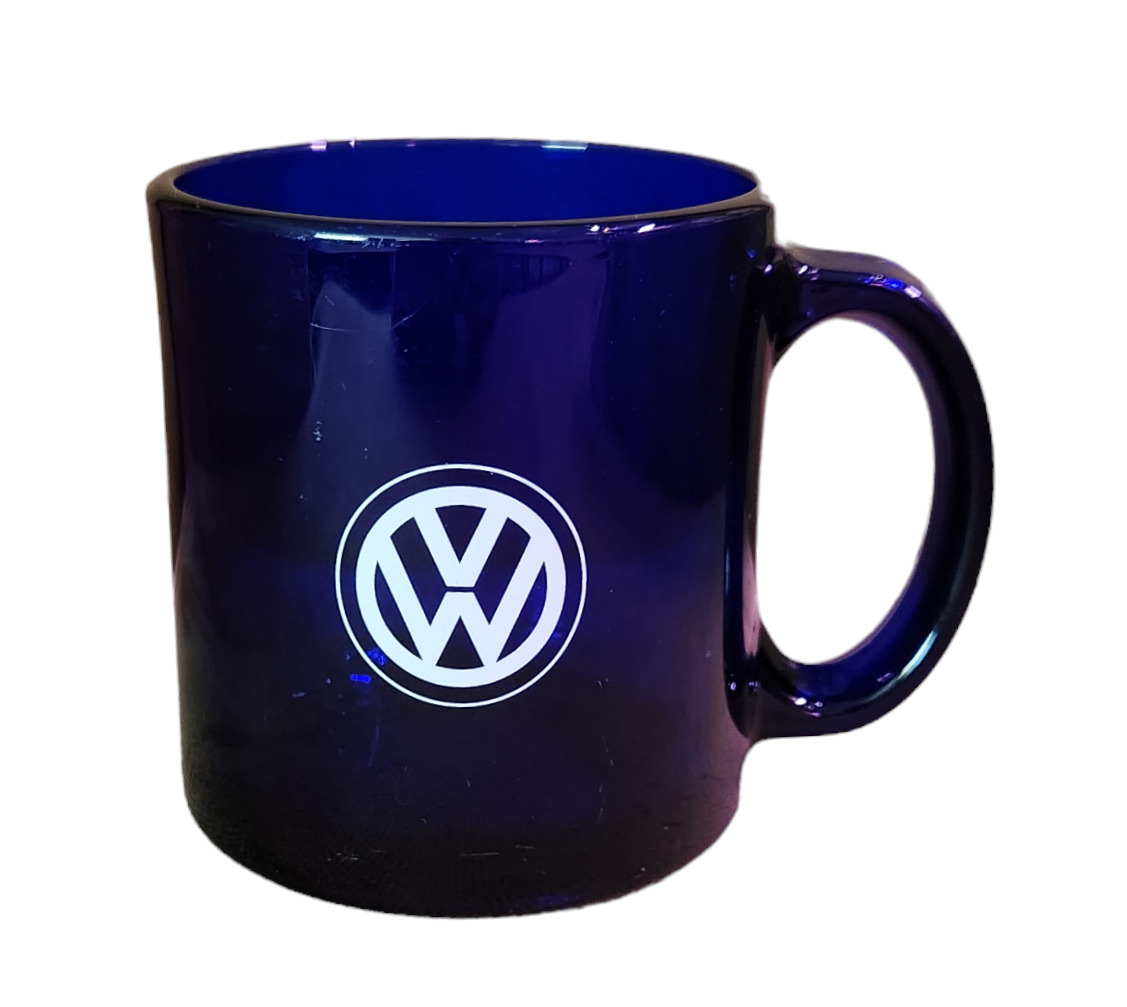 Volkswagen Coffee Mug White VW Logo on Cobalt Blue Glass 10oz. Made in USA