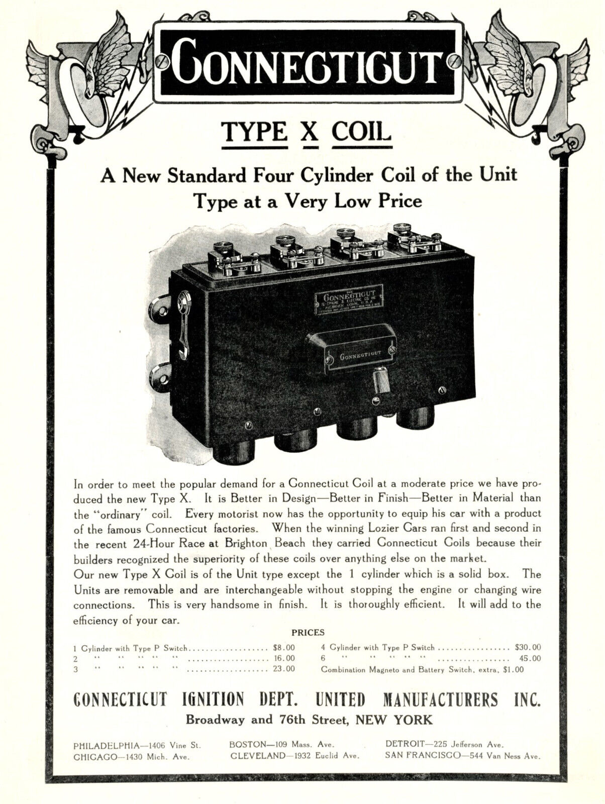 1909 Original Connecticut Type X Coil Ad. Four Cylinder Unit Type. New York City