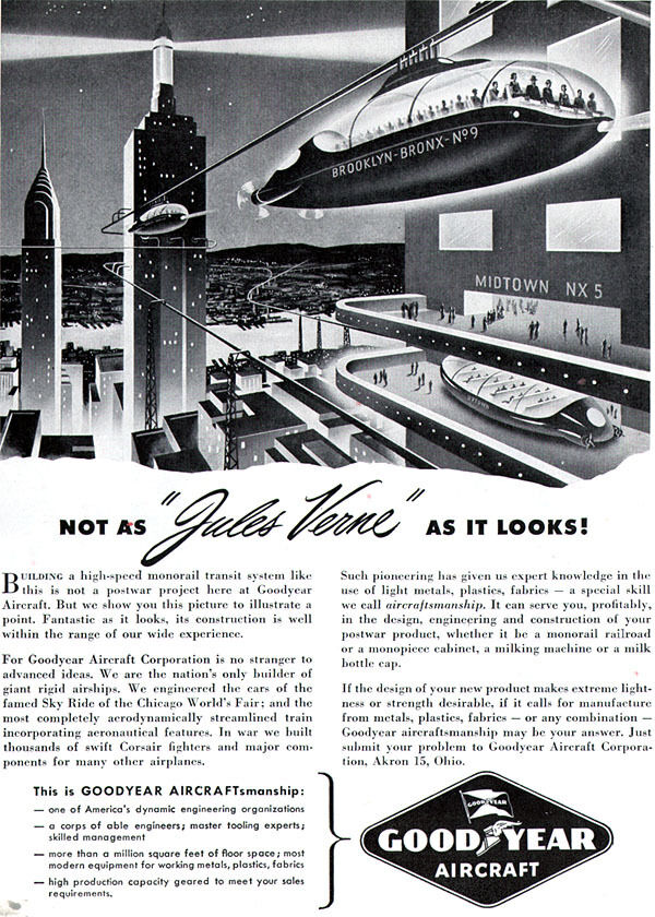 Brooklyn Bronx Monorail JULES VERNE Goodyear Aircraft HIGH SPEED TRANSIT 1945 Ad