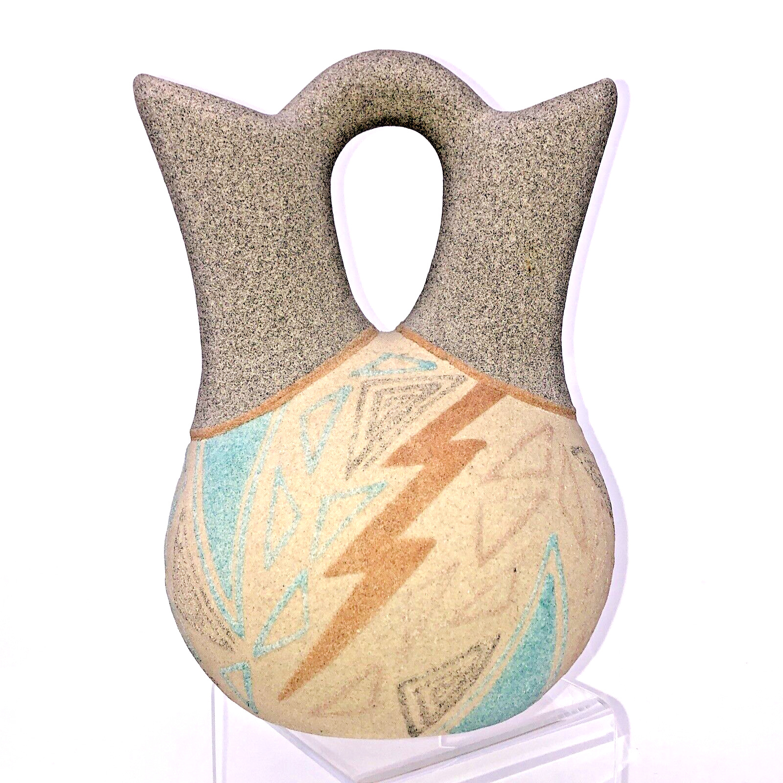 Native American Wedding Vase Double Spout Jug. Sand Cast Abstract 90s Pastel 9\
