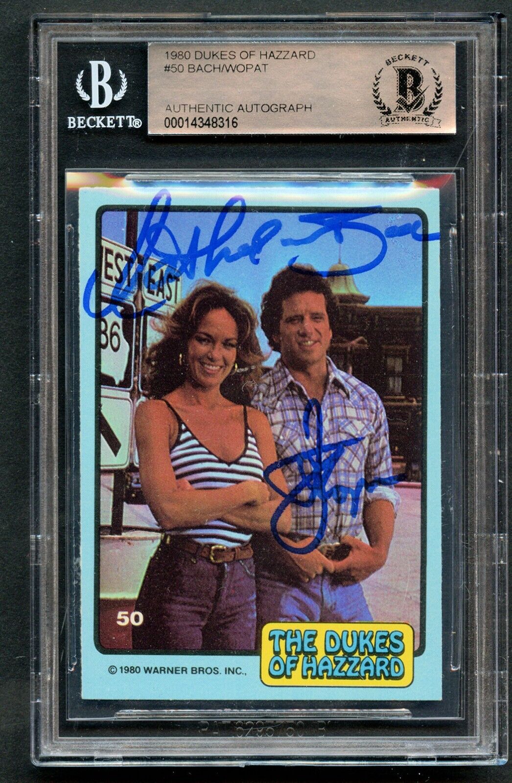 Catherine Bach & Tom Wopat #50 signed auto 1980 Dukes of Hazzard Card BAS Slab