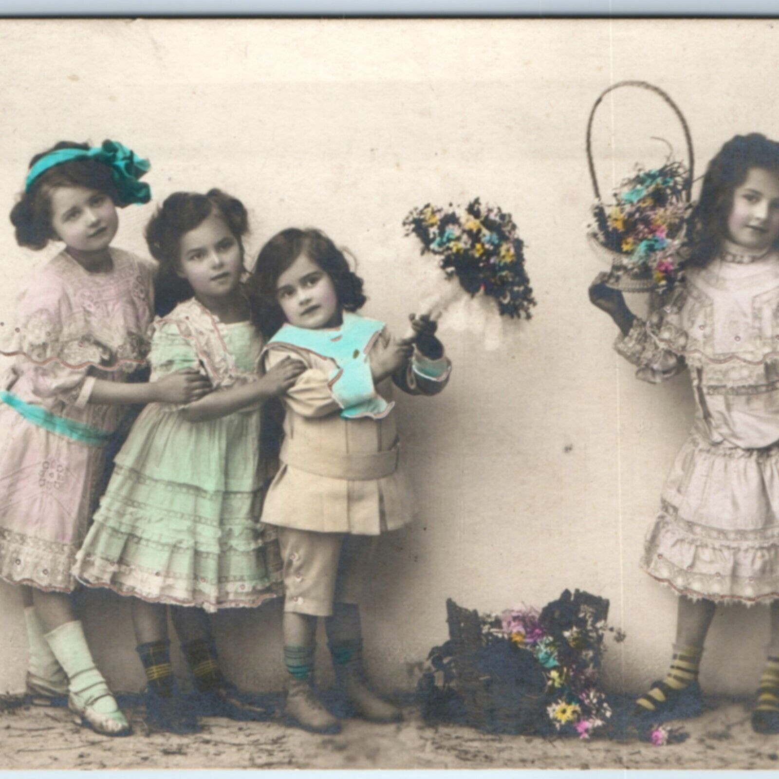 c1900s Adorable Little Flower Girls RPPC Hand Colored Cute Real Photo PC A136