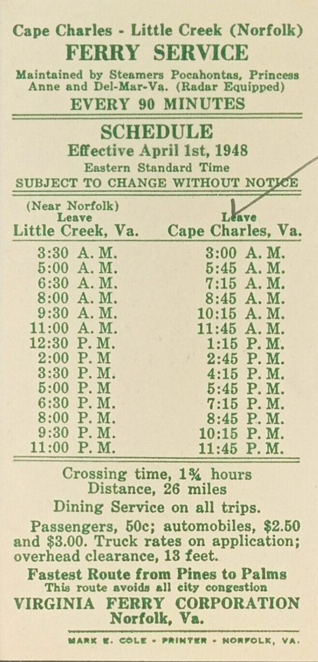 Norfolk VA Ferry Corporation Schedule Card 1948 Cape Charles Little Creek  e2-18