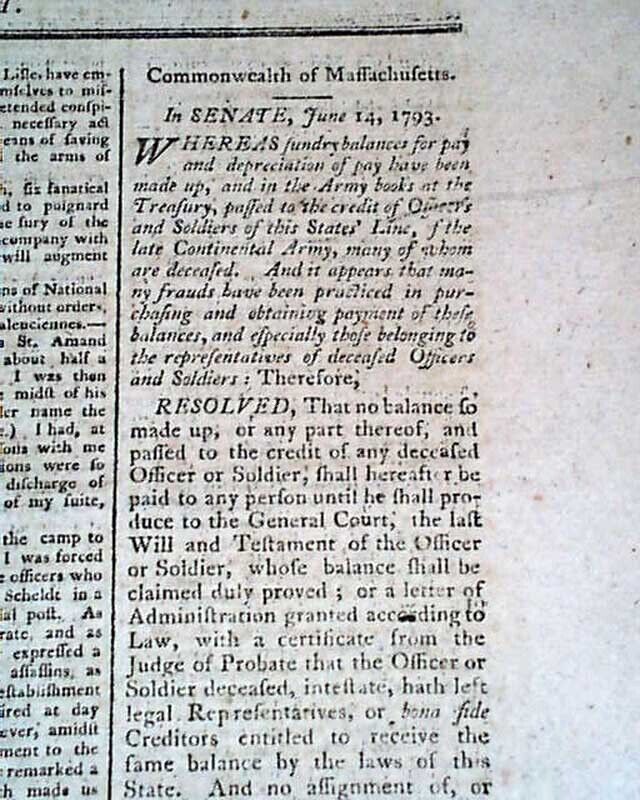 Rare 18th Century American Boston Massachusetts w/ Nice ENGRAVING 1793 Newspaper