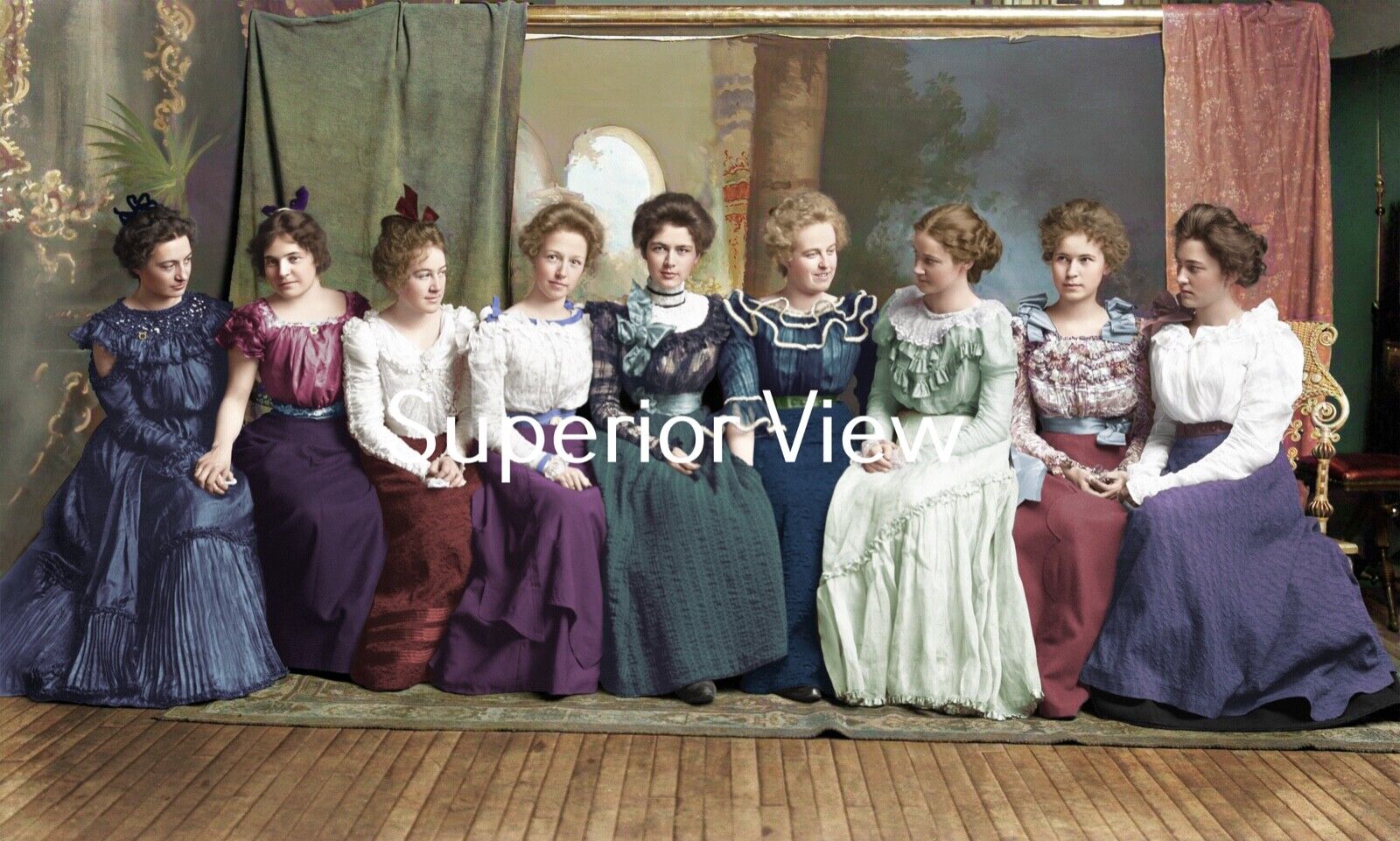  Victorian Color Tinted Photo Nine Lady Friends In A Row Long Skirts and Lace