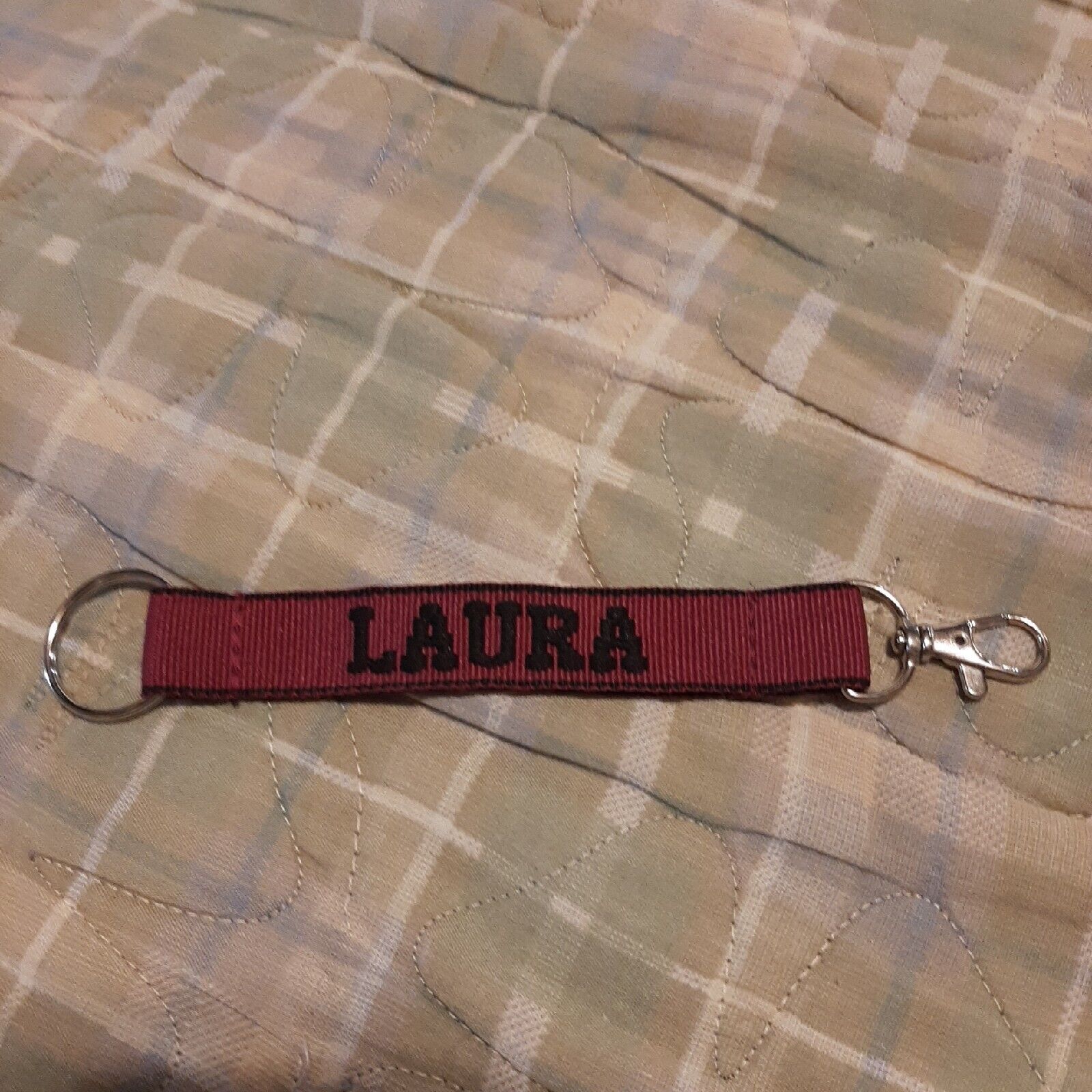LAURA Embroidered Name Strap Key Ring, Keychain with Clasp (MAROON & BLACK)