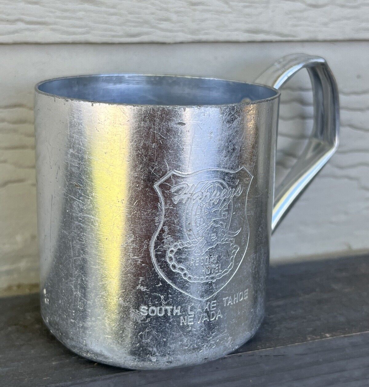 Vintage 80s Harvey’s Resort Lake Tahoe Rustic Silver Cowboy Mug Cup