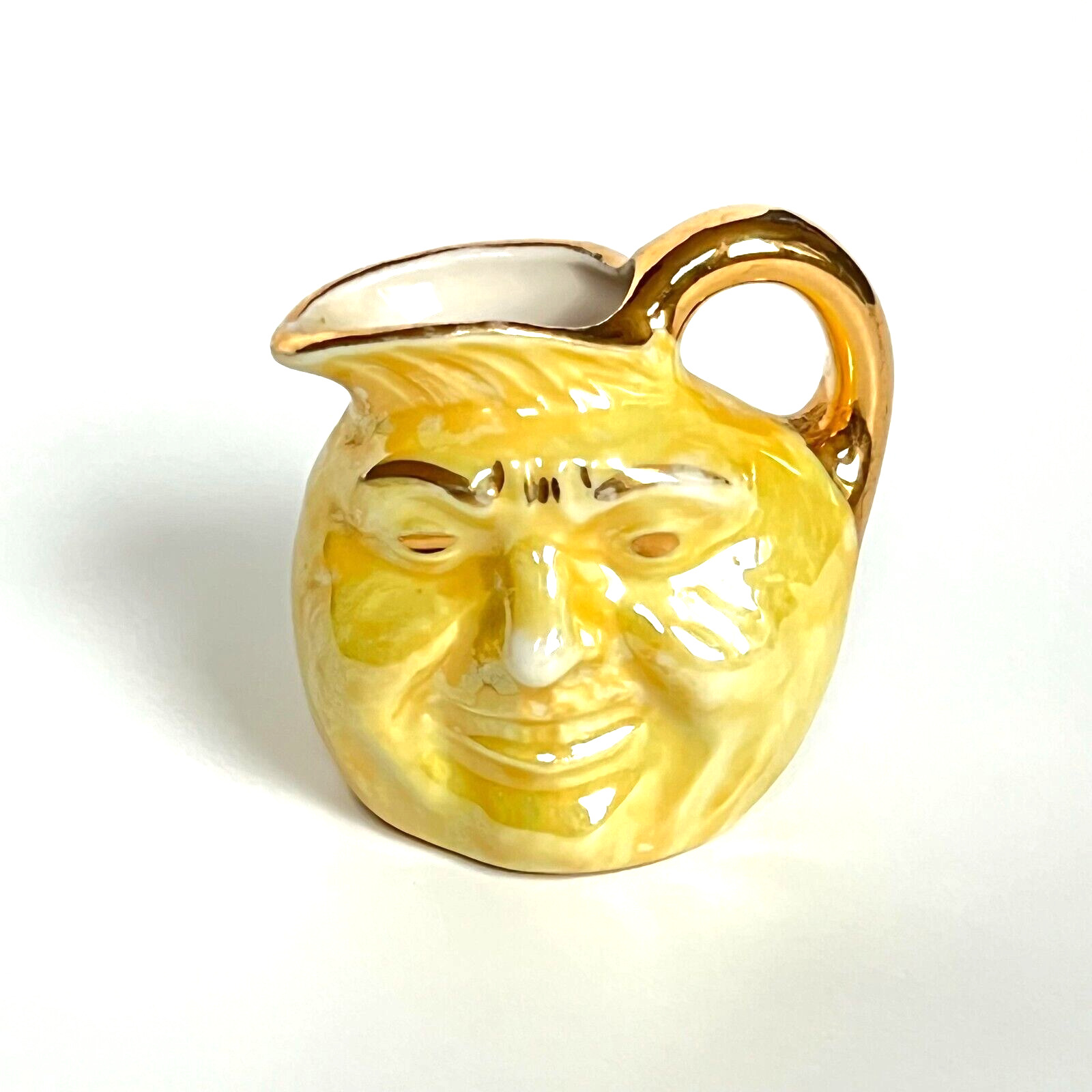 Vintage Luster Yellow Gold Ceramic Type Creamer w/ Smile Moon Face GREAT Cond.