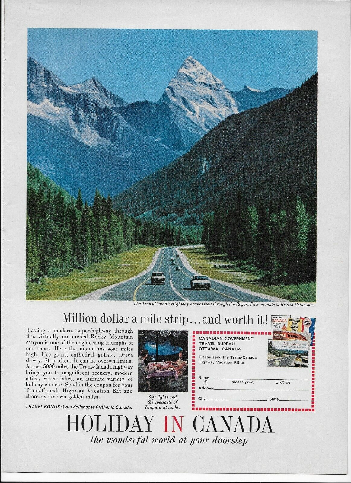 1964 Holiday in Canada Rogers Pass Trans-Canada Hwy Niagra  Original Print Ad