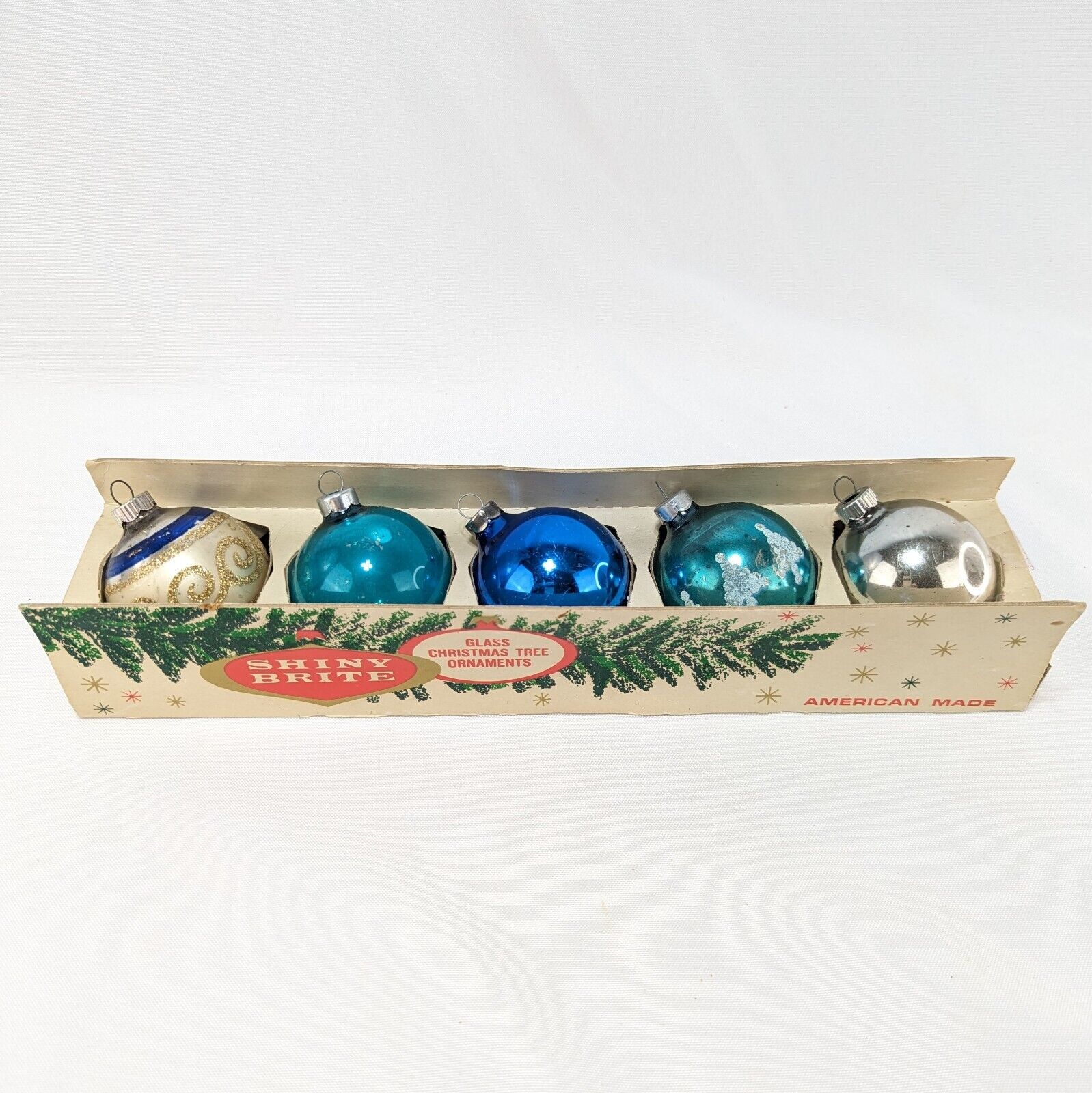 Vtg SHINY BRITE 5 Mercury Glass Ornaments & Box Blue Stenciled Fanci-Pak 2 1/4\