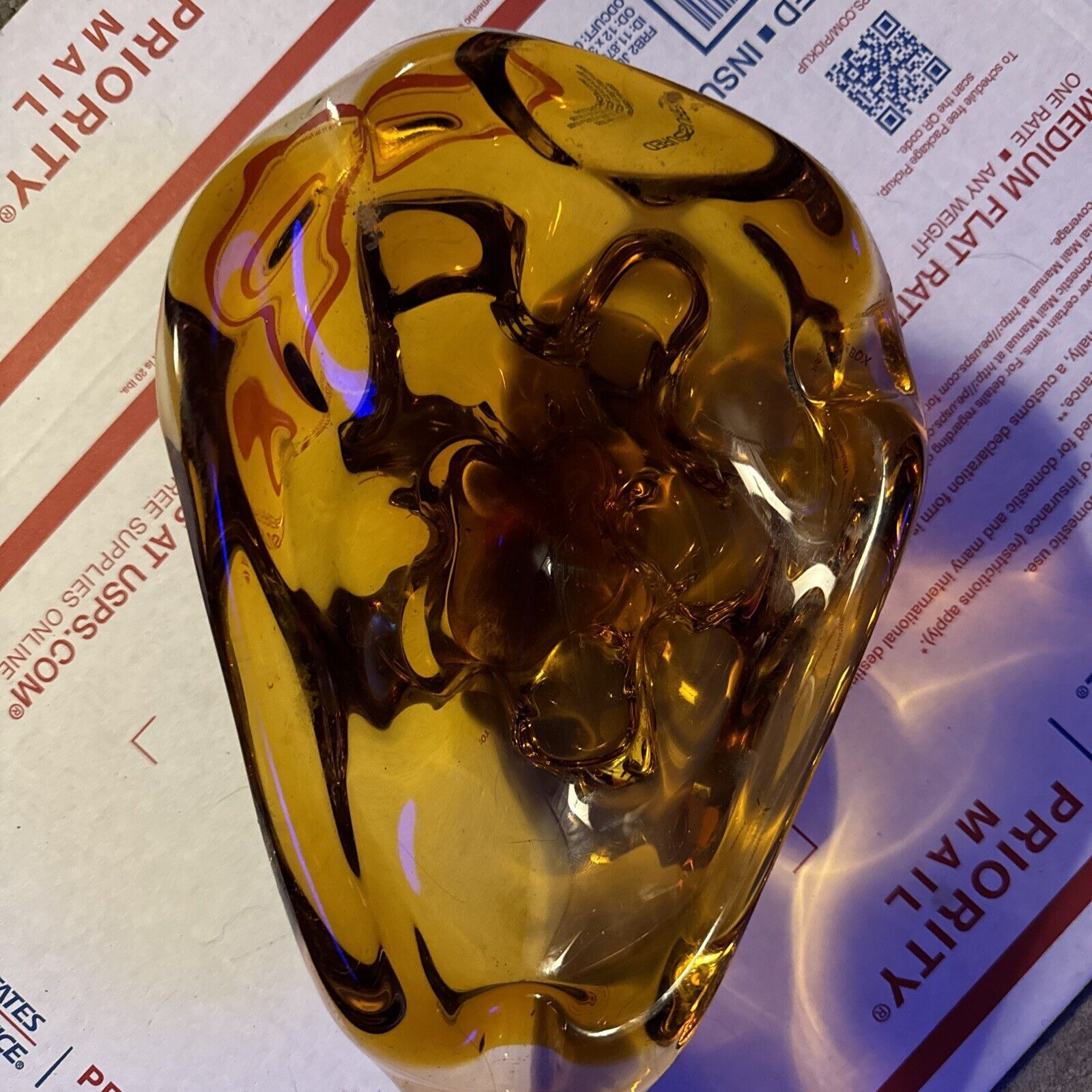 Vintage Art Deco Heavy Amber Glass Thick Cut Ashtray