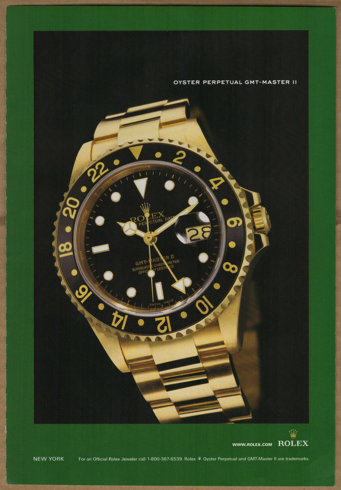 2005 Rolex GMT-Master II Watch Vintage Print Ad Oyster Perpetual Black and Gold