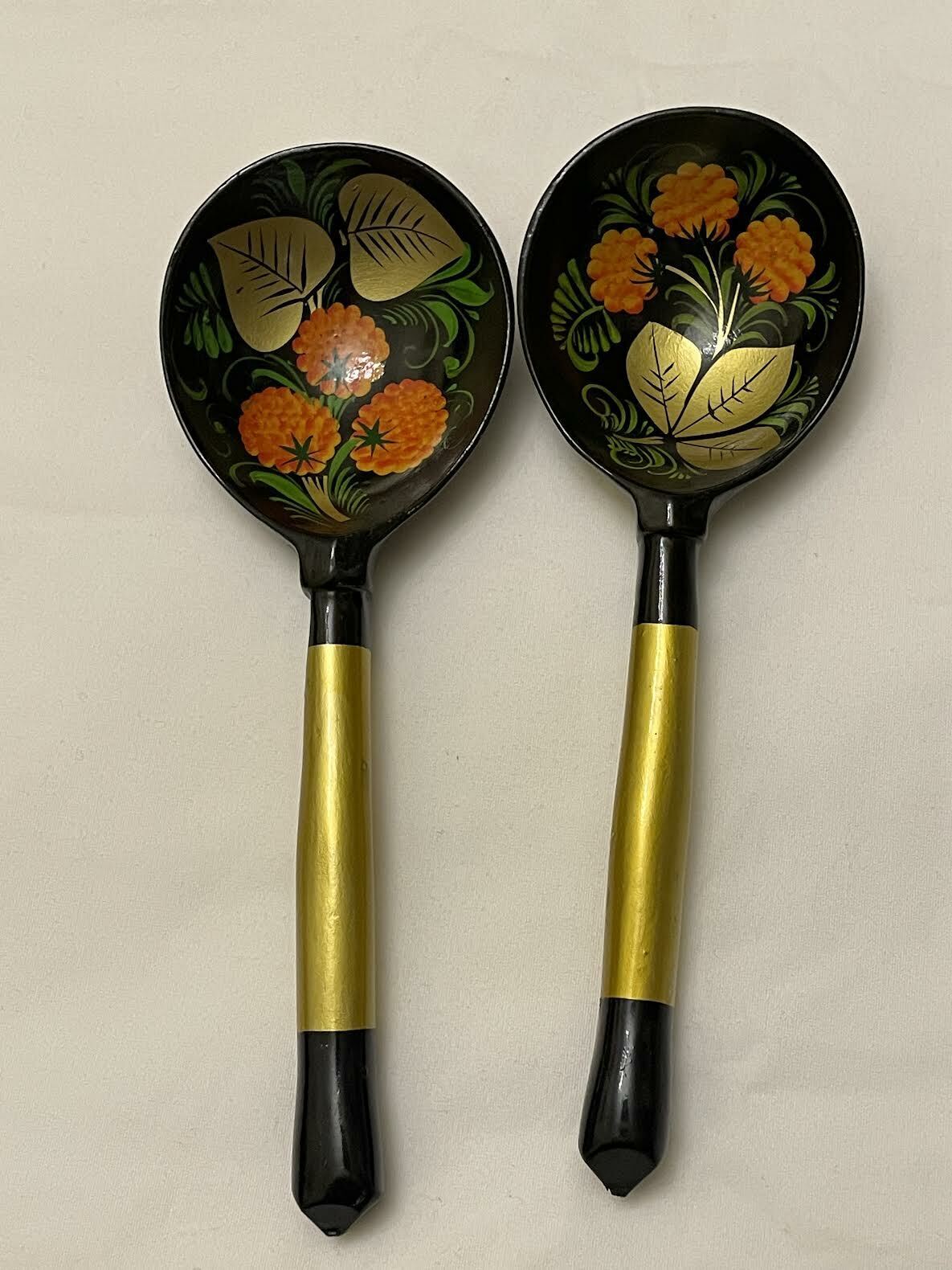 Hand Painted Russian Khokhloma Wooden Spoons Folk Art Berries Vintage Set of 2