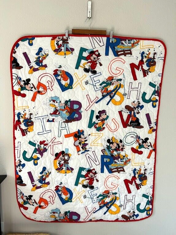 VTG Dundee Mickey Mouse Walt Disney Alphabet Baby Kids Blanket Quilt USA 90s