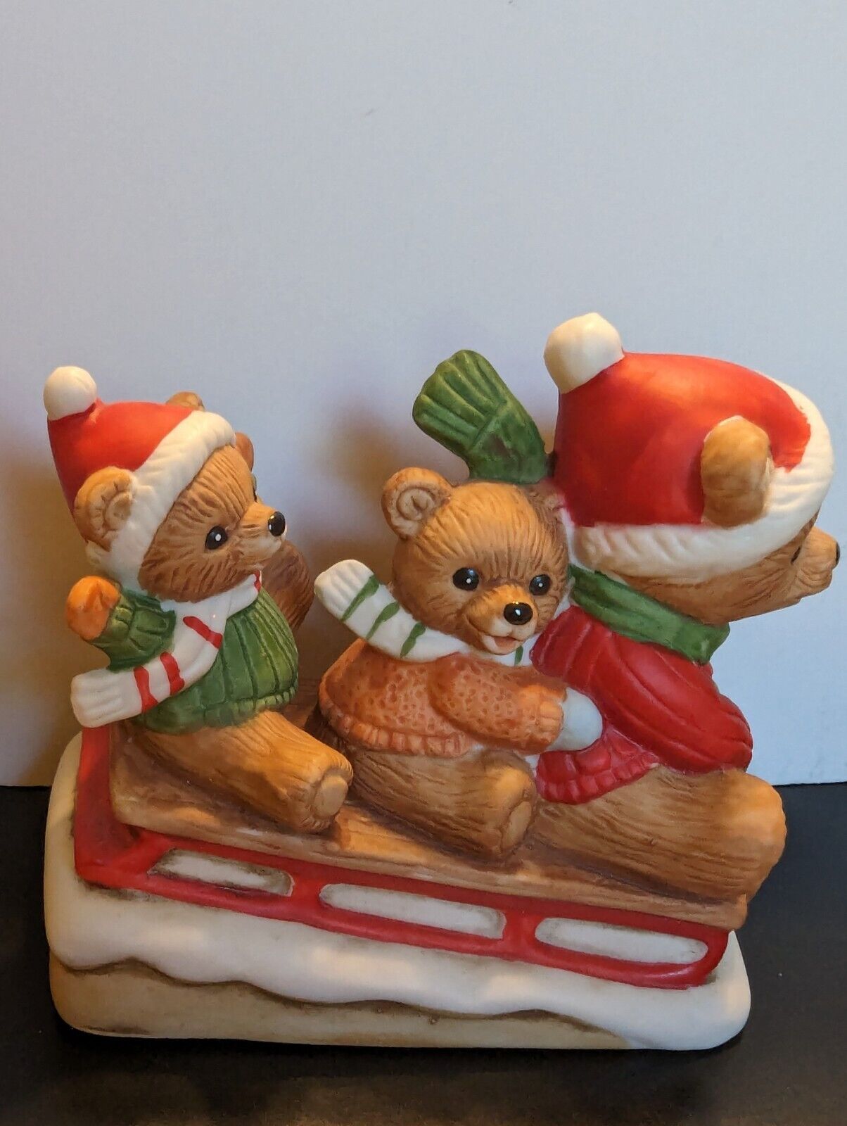 Homco, 3 Christmas Bears Sledding wearing Santa Hats and Scarfs  # 5306, Vintage