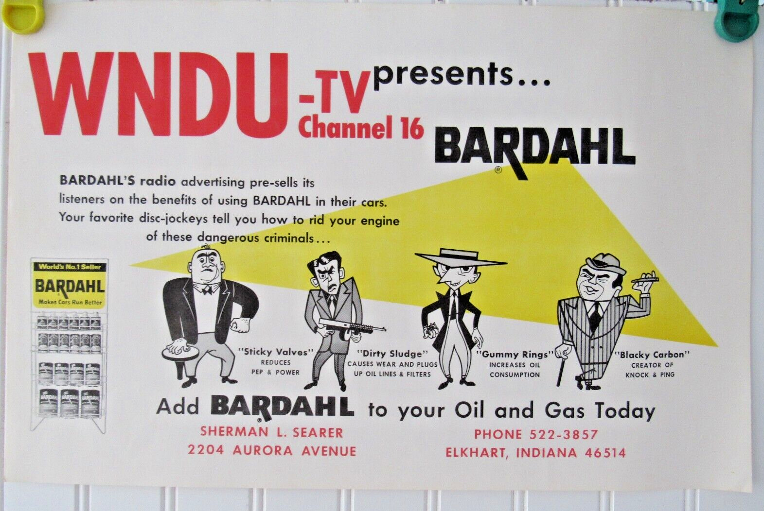 Vintage BARDAHL OIL WNDU-TV Channel 16 Presents Crime Gang Window-Wall Sign