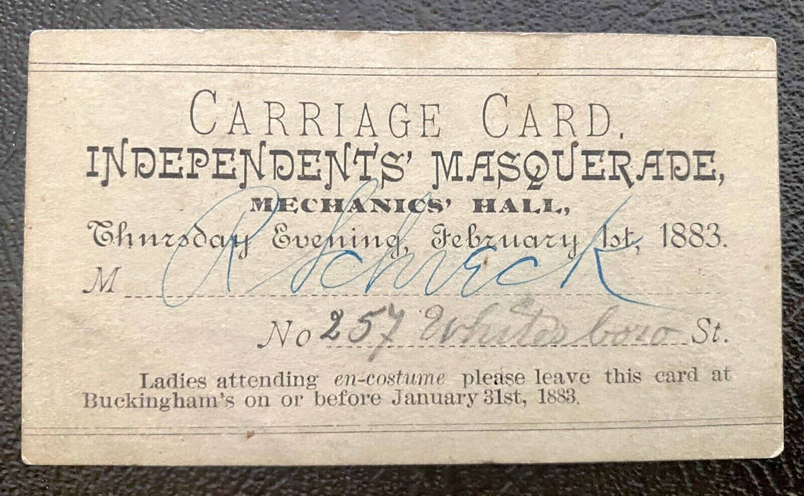 1883 Ticket: Carriage Card “Independents Masquerade” Mechanics Hall, NY RARE