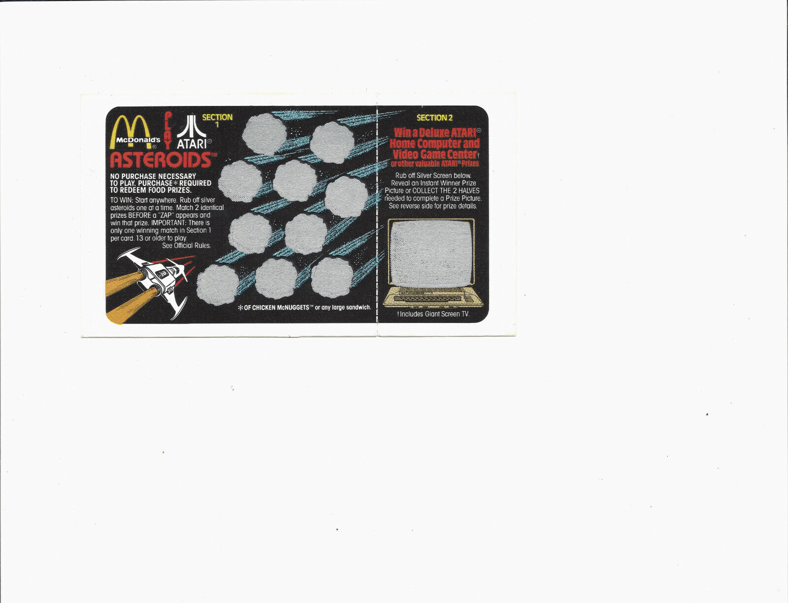Vintage McDonalds Rare 1982 Atari Asteroids Scratch Off Game Card UNScratched