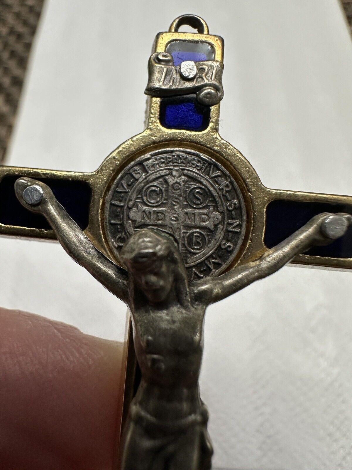 Vintage Italian Crucifix Gold Tone With Deep Blue Inlay 2.25 Inches